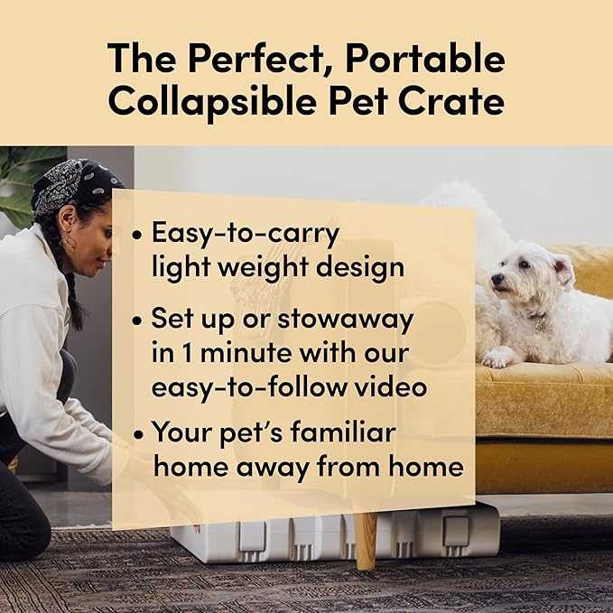 KindTail PAWD Collapsible Dog Crate with Washable Bed, for Pets Between 15 and 25 lbs, Such as French Bulldog, Maltese, Pomeranian, Portable Indoor Kennel, 26” L x 20” W x 21” H, 14 LB, Medium White