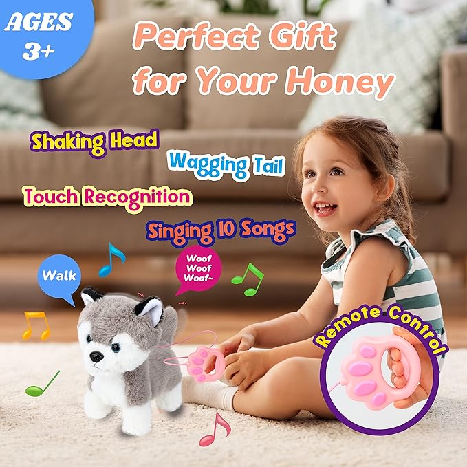 Hopearl Walking Husky Interactive Electronic Pet Musical Dog Toy Remote Control Leash Animated Puppy Singing Barking Wagging Tail Touch Recognition Gifts for Toddlers Birthday, Gray, 9''