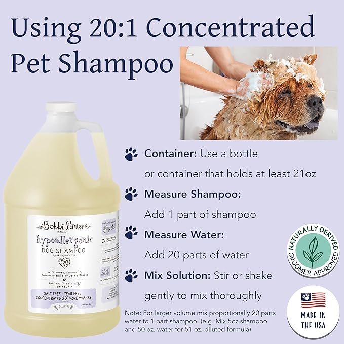 Bobbi Panter Hypoallergenic Dog Shampoo 1 Gal., Dye & Fragrance-Free, Paraben-Free, pH Balanced, Tear-Free, Aloe Vera & Honey Extract, Made in USA, Concentrated 30:1, Made in The USA