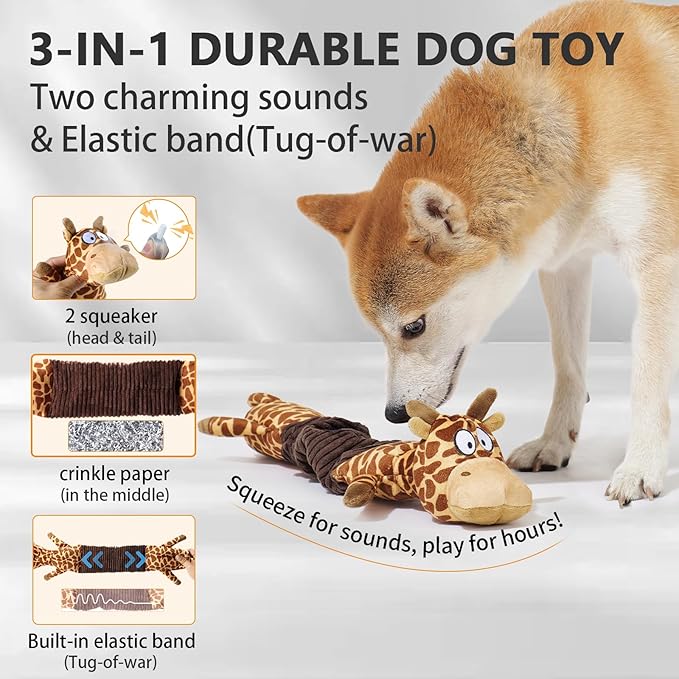 3-in-1 Squeaky Dog Toy for Chewer (Squeaker, Crinkle Paper & Elastic Band), Durable Interactive Puppy Plush Stuffed Chew Toy for Boredom, Tug of-War, for Small Medium Large Breed (Giraffe)