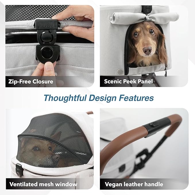 ibiyaya Tinker Pet Stroller for Small Dogs and Cats – 3-in-1 Pet Carrier, Dual-Opening Canopy, No-Flat Wheels, Vegan Leather Handle, Large Storage Basket (Silver Gray)