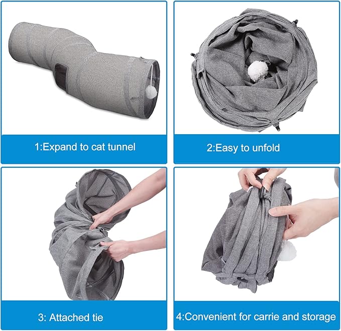 Ownpets Cat Tunnel Sturdy Oxford Fabric Cat Tunnel Toy, S-Shape Collapsible Cat Tunnels for Indoor Cats,Interactive Peek Hole Pet Tunnel Tube with Cat Wand Toy