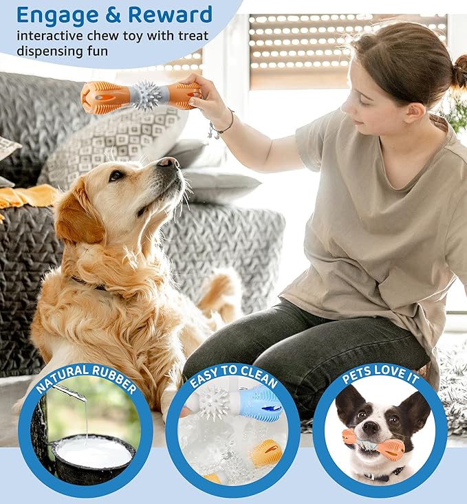 Durable Dog Chew Toy, Natural Rubber Treat Dispensing Puzzle Toy for Small & Medium Breeds – Interactive Teething, Training, and Dental Care Toy to Keep Dogs Engaged & Relieve Boredom (Orange)