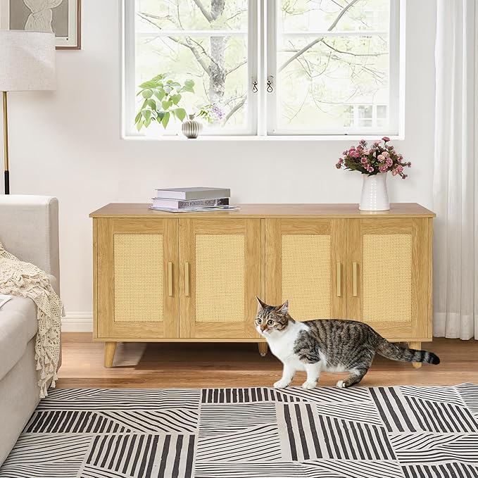 Homhedy Boho Cat Litter Box Enclosure for 2 Cats, Wooden Cat Washroom Furniture with Double Rattan Decorated Doors, Pet House,47.2”L x 19.7”W x 21.7”H, Natural