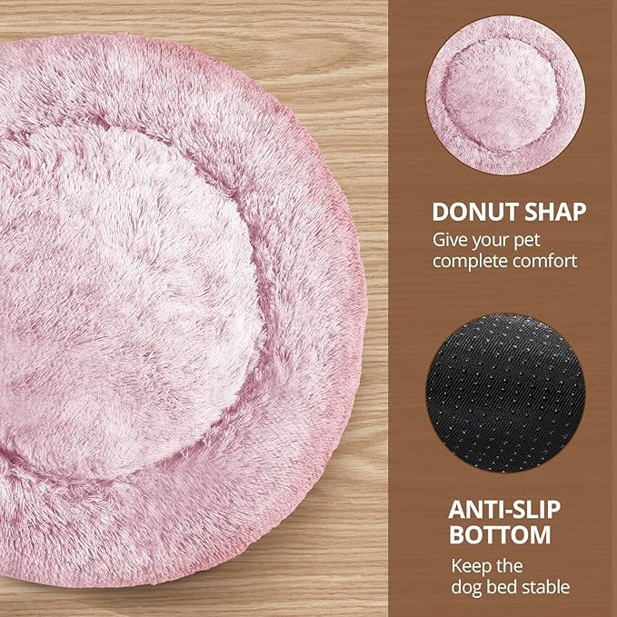JOLLYVOGUE Calming Dog & Cat Bed for Small Dogs, Anti-Anxiety Donut Cuddler Cozy Soft Round Bed with Anti-Slip Bottom, Fluffy Faux Fur Plush Cushion Beds for Small Medium Dogs, 23"/Smoke Pink