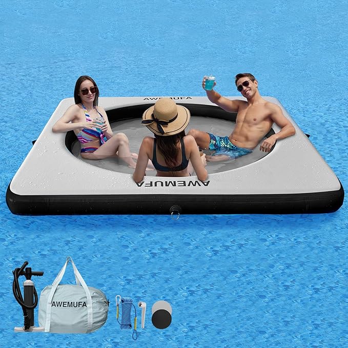 Inflatable Dock Floating Platform with Mesh, Heavy Duty Water Hammock Floats Floating Ring, Tanning Pool Hammock Inflatable Raft Mat Lake Floats for Adults Ocean