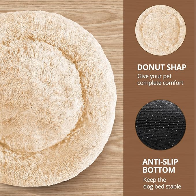 JOLLYVOGUE Calming Dog & Cat Bed for Small Dogs, Anti-Anxiety Donut Cuddler Cozy Soft Round Bed with Anti-Slip Bottom, Fluffy Faux Fur Plush Cushion Beds for Small Medium Dogs (20")