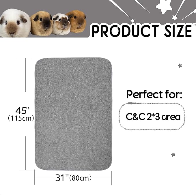 Guinea Pig Cage Liner, 1 Pack - Washable, Reusable, Leakproof Fleece Bedding Pads for Small Animals with Anti-Slip Bottom - for C&C 2X3 Area, Gray