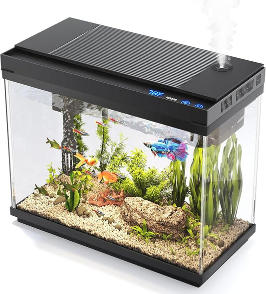 Fish Tank, 2.4 Gallon Fish Aquarium, Fish Tank Starter kit with Smart Humidifier, Temperature Display, 7-Color Lighting, 3 in 1 Quiet Pump with Filteration & Oxygenation & Circulation