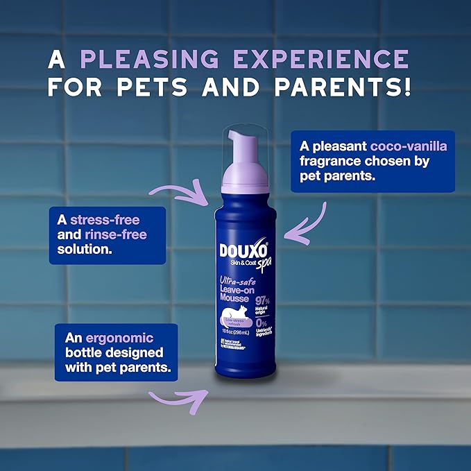 DOUXO® Skin & Coat SPA - Ultra-Safe Low-Stress Refresh Leave-on Mousse for Cats, 10 fl oz, Leaves The Coat Clean, Refreshed, Soft, Radiant and Smelling Great, Skin-Friendly Formula