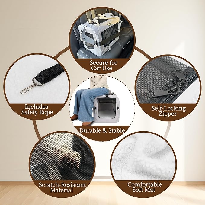 Large Cat Carrier for Cats Collapsible Soft Pet XL Crate for Large/Medium Cats 15lbs+ Car Travel Portable Bag with Water Bottle Slot Ideal for Long Trips (Beige, 20.0"L x 14.0"W x 14.0"H)