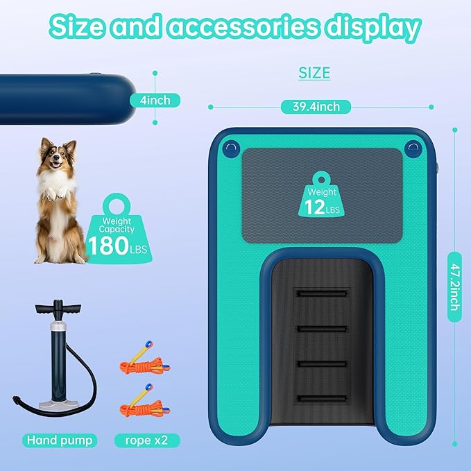 Inflatable Dog Water Ramp, Dog Floats Ramp Ladder for Pools, Boats, Docks, Sea and Lake, Non-Slip EVA 4ft x 3.3ft Platform for Dogs Up to 180LBS