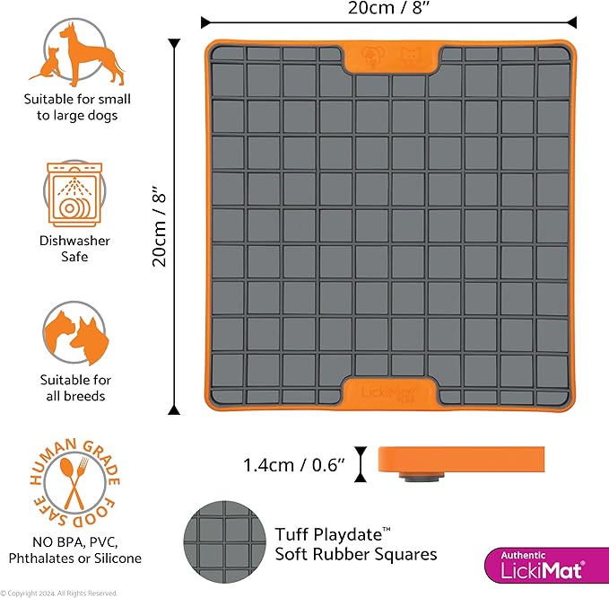 LickiMat Tuff, Heavy-Duty Playdate, Dog Slow Feeder Lick Mat, Boredom Anxiety Reducer; Perfect for Food, Treats, Yogurt, or Peanut Butter, Fun Alternative to a Slow Feed Dog Bowl, Orange