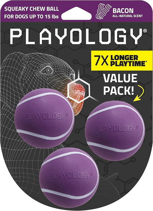Playology Squeaky Dog Toy | Durable Rubber Interactive Dog Ball | Bacon Scented Fetch Ball for Small Dogs, Value 3-Pack | Floating Dog Toy Made from Non Toxic Materials