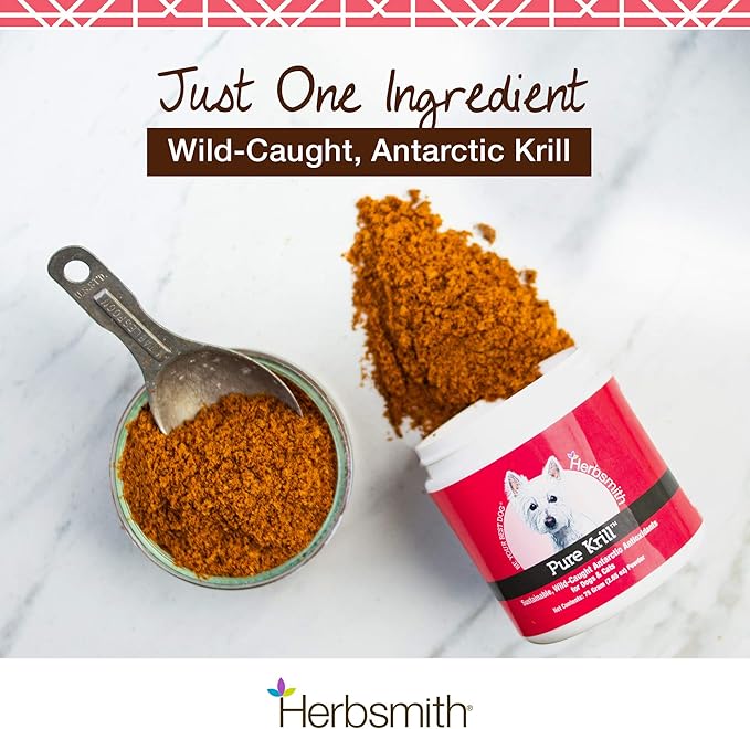 Herbsmith Pure Krill - Wild-Caught Antarctic Krill - Just 1 Ingredient - Astaxanthin for Dogs - Ready-to-Use Omega 3s – Alternative to Krill Oil for Dogs - 75g