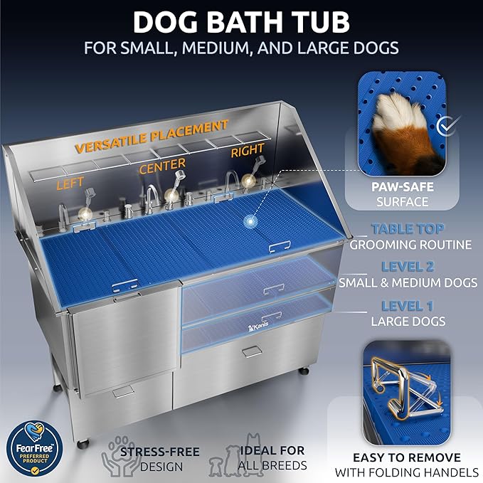 KANIS Professional Dog Washing Station - 304 Stainless Steel Pet Wash Sink & Grooming Bath Tub for Home with Ramp, Shower, Floor Grate, Storage Drawers, and Faucet for Large, Medium & Small Pets
