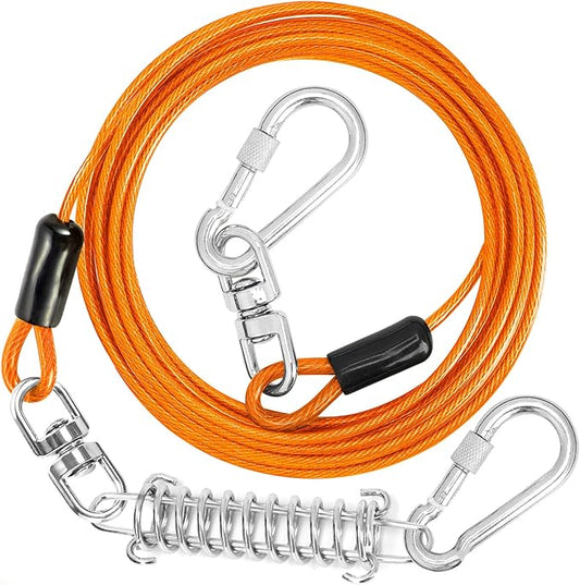 Jenico Dog Tie Out Cable, 10-150FT Runner Cable with Swivel Hook and Shock Spring, Yard & Camping Dog Leash Tether for Small to Medium Pets Up to 500 LBS