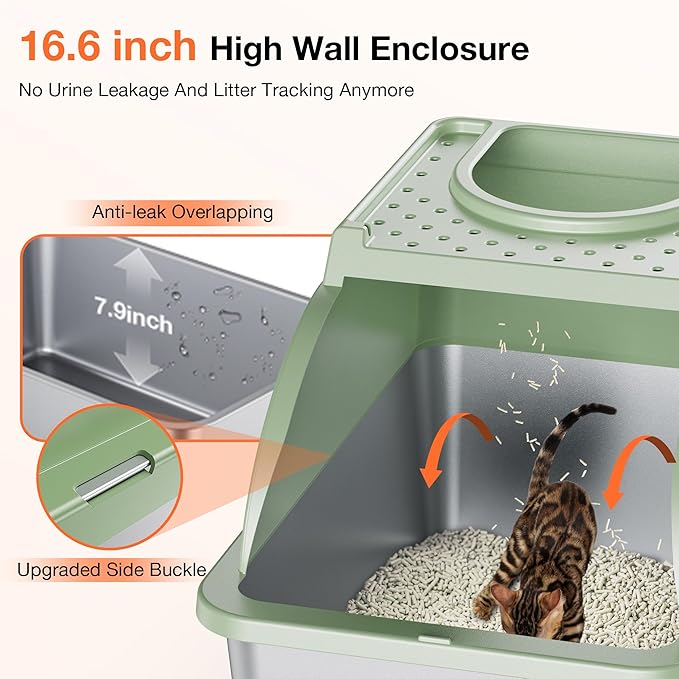 Stainless Steel Litter Box, XXL Large Metal Cat Litter Boxes, Dual Entrance Detachable Litter Box with Lid, 16.6'' High Wall Urine Leak Prevention with Cat Litter Scoop (Green)