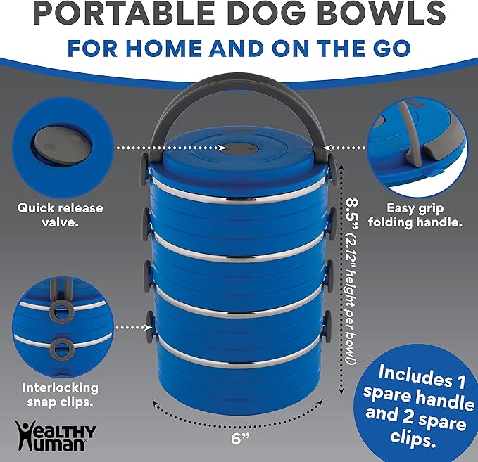 Healthy Human Travel Pet Bento Bowls - Human-Grade Stainless Steel & BPA-Free, Leak-Proof Water & Food Container Set for Dogs & Cats, 4-Pack Interlocking Bowls, Includes Spare Clips & Handle (Blue)