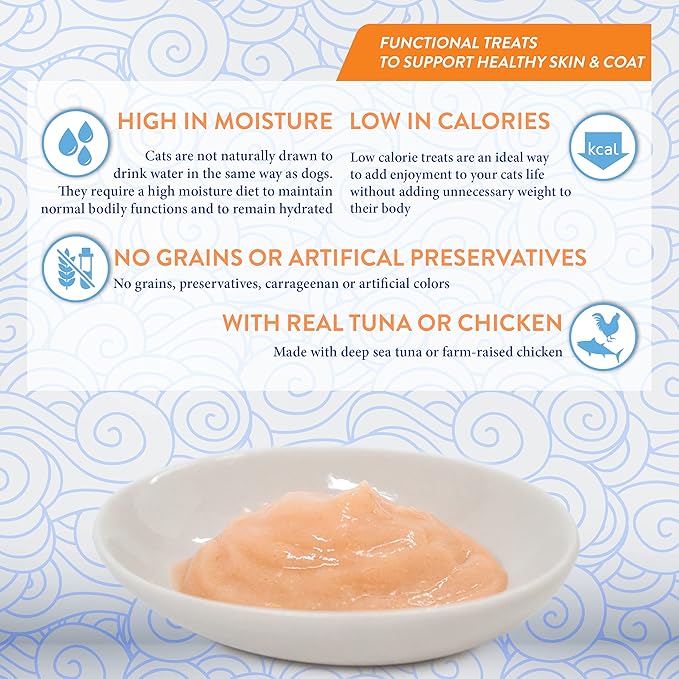 INABA Churu for Skin and Coat Lickable Purée Natural Cat Treats with Omega Oils, Taurine and Green Tea, 0.5 Ounces Each - Tuna Recipe (12 Tubes)