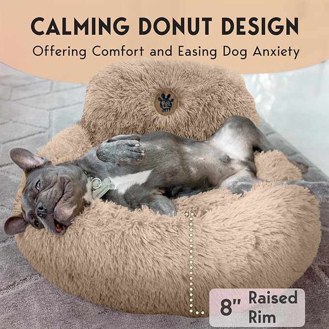 PetJett Calming Dog Bed for Small Dogs – 23" Donut Dog Beds, Anti-Slip & Washable Fluffy Plush Faux Fur Pet Bed, Anti-Anxiety Premium Comfort Round Puppy Bed, Fits Dogs up to 25 lbs – Beige