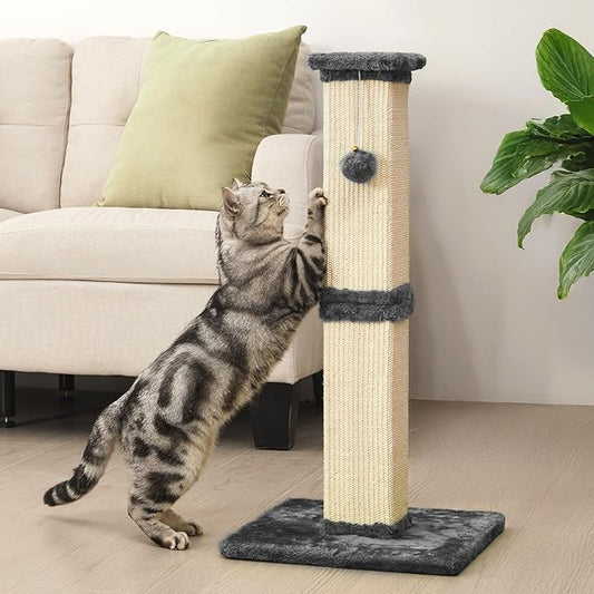 Indoor Cat Scratching Post: 32 in Tall Cat Scratcher with Natural Sisal Rope, Kitty Pet Tower with Sturdy Wood Base and Hanging Ball Toy, Great Gift for Small and Large Kittens, Grey