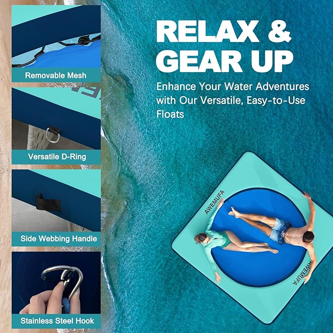 Inflatable Dock Floating Platform with Mesh, Heavy Duty Water Hammock Floats Floating Ring, Tanning Pool Hammock Inflatable Raft Mat Lake Floats for Adults Ocean