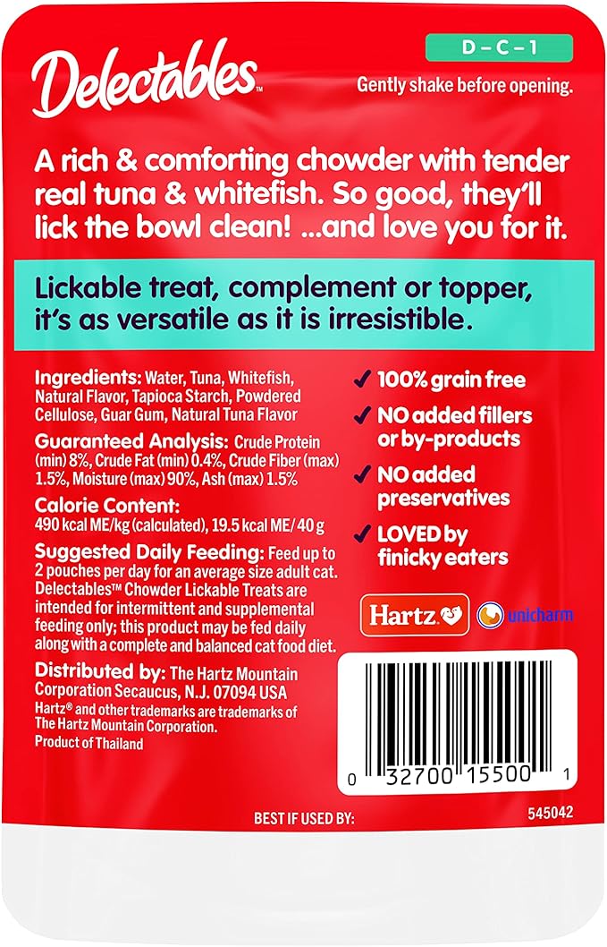 Hartz Delectables Chowder Lickable Wet Cat Treats for Kitten, Adult & Senior Cats, Tuna & Whitefish, 12 Count