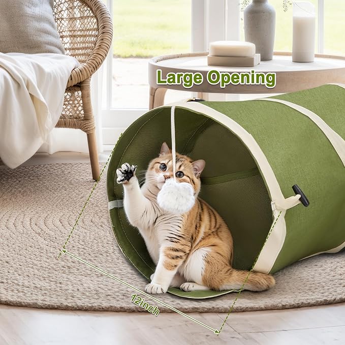Ownpets Cat Tunnel Cactus-Shaped, Sturdy Oxford Fabric Collapsible Cat Tunnels for Indoor Cats,Interactive Peek Hole Pet Tunnel Tube with Cat Wand Toy, Green