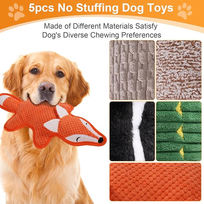 5 Pack No Stuffing Squeaky Dog Toys for Aggressive Chewers - Interactive Durable Plush Chew Toy with Crinkle Paper, Safe Pet Toy for Small to Large Breed, Ideal for Puppy Gifts & Tug of War Toys