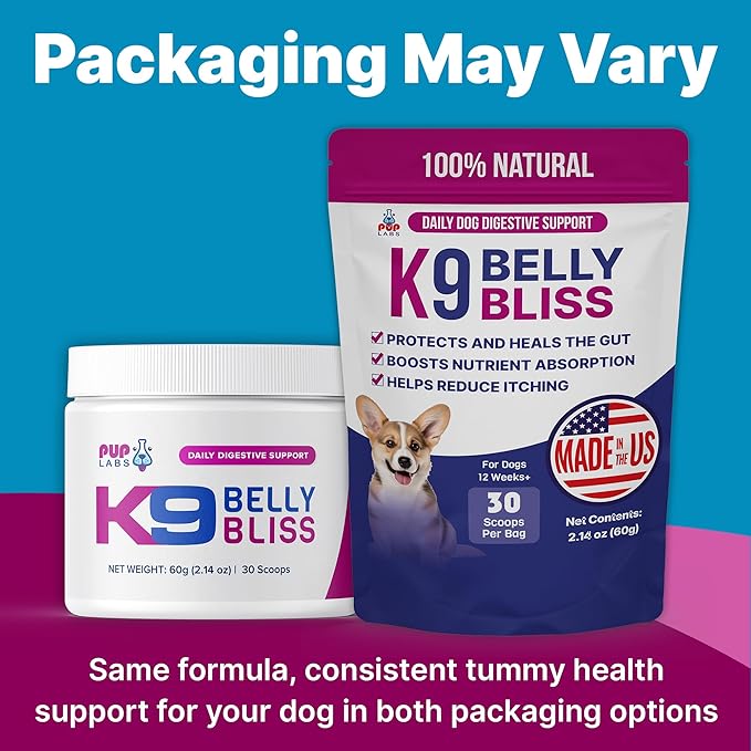 K9 Belly Bliss, All-Natural Gut Health for Dogs, Vet Approved Prebiotic for Dogs for Daily Digestive Support & Dog Constipation Relief, Topper for Dry & Wet Food, 6 Pack with 30 Scoops Each.