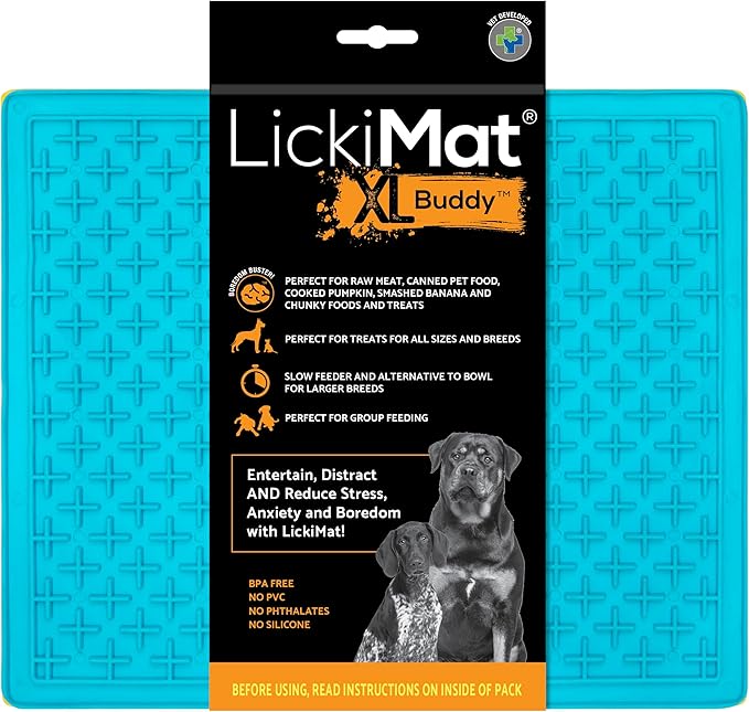LickiMat X Large Breed Buddy Dog Lick Mat, Dog Calmer, Slow Feeder, Anxiety Reliever Alternative to Puzzle Toys, Slow Feeding Bowls. Use Peanut Butter, Wet, Raw, Mixed Food, Healthy Treats - Turquoise