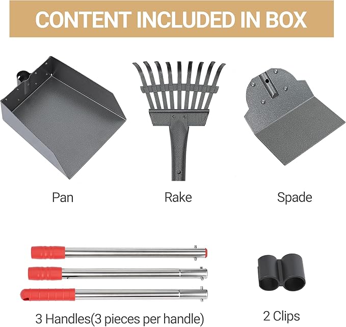 Heeyoo Dog Pooper Scooper, Dog Poop Tray and Rake Set, Pet Waste Removal Scoop with Long Adjustable Sectional Stainless Handles