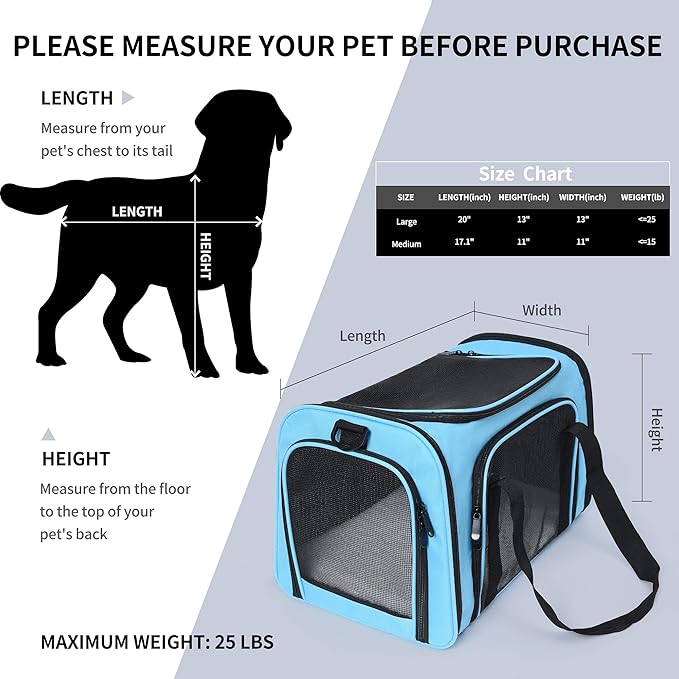 Mile High Life | Outdoor Travel Pet Carrier | Kitty Puppy Cat Carriers | Collapsible Dog Carrier for Small Medium Dogs | Cat Crates w Breathable Mesh with Soft-Sided (Blue, Large)