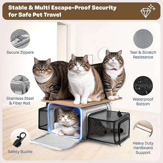 Top and 2 Sides Expandable Large Cat Carrier 18x13.5x9.5, TSA Airline Approved Dog Carriers for Large Dogs, Soft-Sided Pet Carrier with Self-Locking Zippers for Kitten,Rabbit, Puppy, Guinea Pig Grey