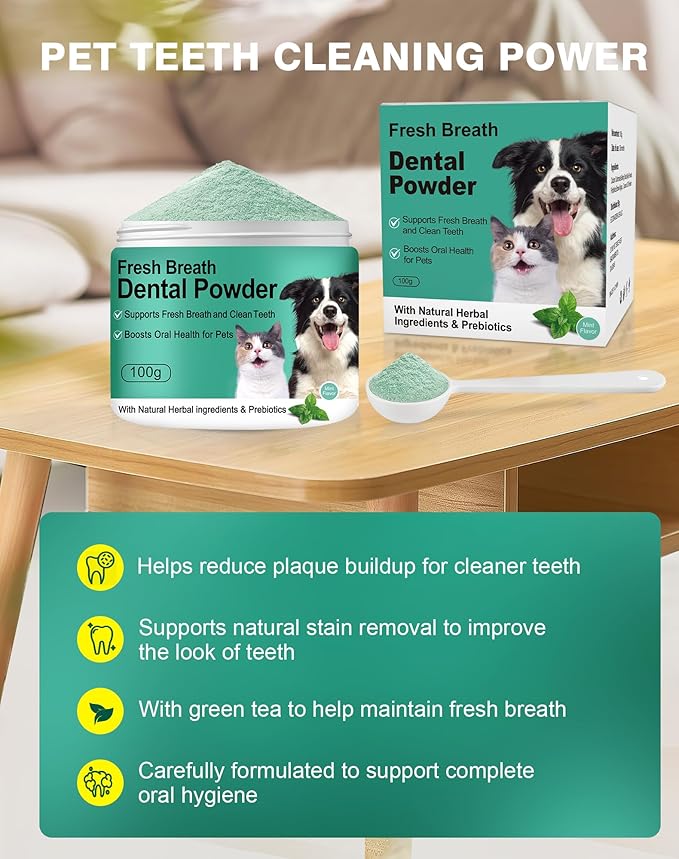 Koite Dog Teeth Cleaning Powder 100g Mint Fights Plaque & Tartar Freshens Breath All-Natural Ingredients for Dogs of All Breeds and Ages Easy to Use Dog Dental Powder E
