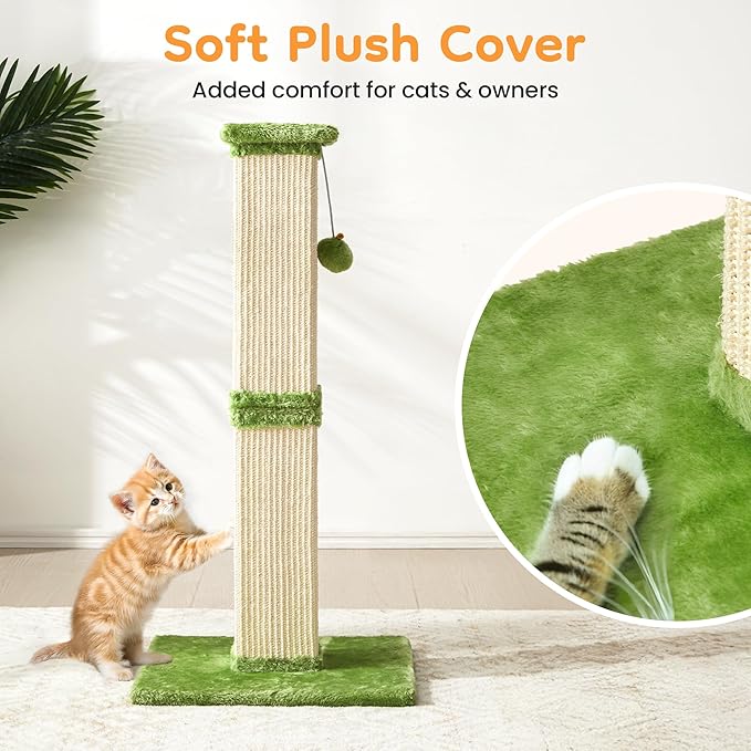 Indoor Cat Scratching Post: 32 in Tall Cat Scratcher with Natural Sisal Rope, Kitty Pet Tower with Sturdy Wood Base and Hanging Ball Toy, Great Gift for Small and Large Kittens, Green