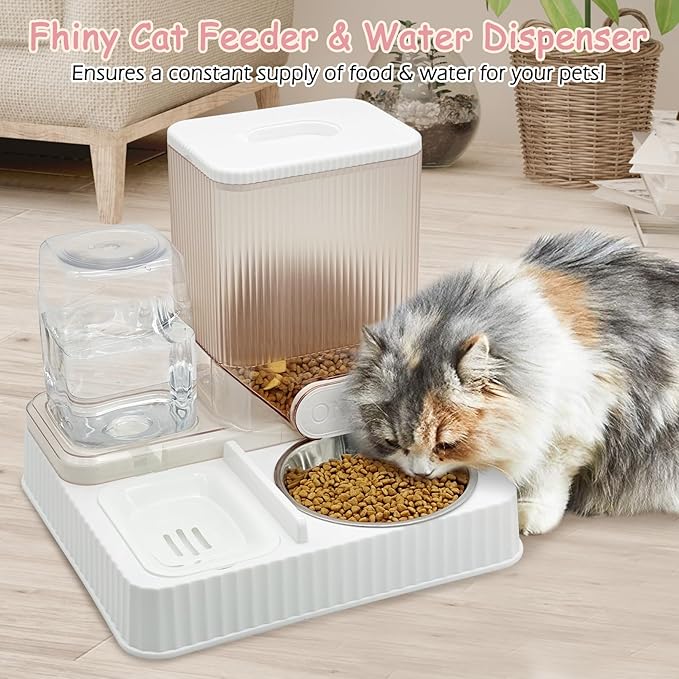Fhiny Gravity Cat Feeder & Water Dispenser, 2 in 1 Automatic Puppy Waterer Removable Stainless Steel Food Bowls Set Self Feeding Pet Food Storage for Cat Kitten Puppy Easy Clean (White)