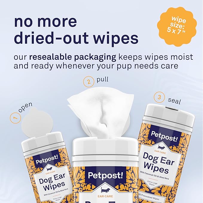 Petpost | Large Dog Ear Cleaner Wipes - Ultra Soft XL Cotton Pads in Coconut Oil Aloe Solution - Remedy for Dog Ear Rinse & Cleanser 60 ct.