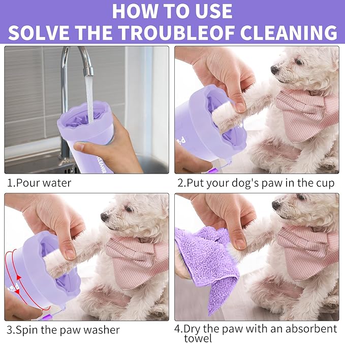 Dog Paw Cleaner, Washer, Muddy Pet Foot Cleaner for Small Medium Large Breed Dogs/Cats (with 3 absorbent towel) (Purple, Small)