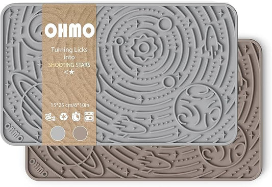 OHMO Lick Mat for Dogs & Cats - Large Size 9.8"×5.9" (2pcs,Ash+Beige) - Space Star Design Slow Feeder with Suction Cups, Keep Them Busy & Anxiety Relief, Easy Clean Enrichment Accessories