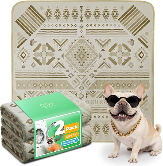 FXW Washable Pee Pads for Dogs, Puppy Pads with Super Absorbent, Specifically Designed for Potty Training, 35" Square, Khaki Geometric, 2 Packs