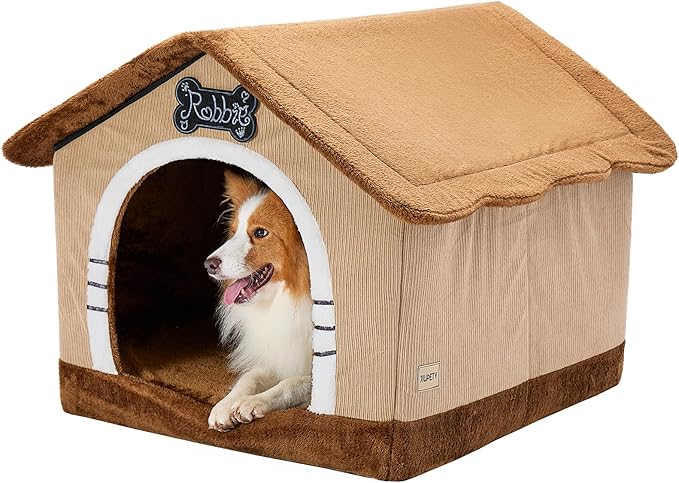 Jiupety Indoor Dog House with Frame, Large Dog Cave Bed, Insulated Cozy, Suitable for 25-60 lb, Large Plus (30"×26"×25"), Brown