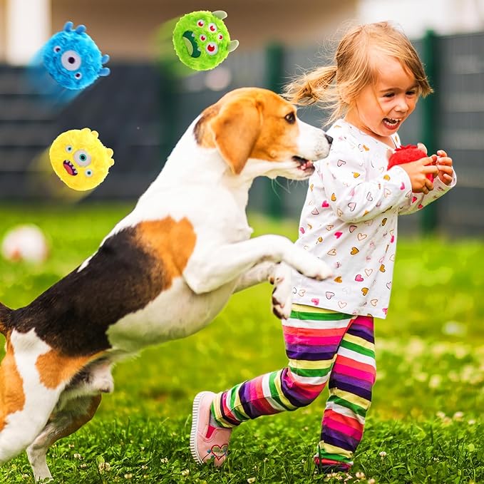 HyDren 8 Pack Soft Squeaky Dog Ball Toys 2 In1 Fuzzy 4" Dog Balls with Squeakers Plush Funny Puppy Ball Bulk Small Dog Valentine Toys Monster Dog Chewers for Small Medium Puppy Dog Pet Birthday Gift