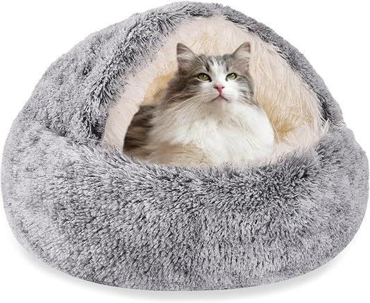 HYQ Small Dog Bed with Cover Cave, Cat Beds for Indoor Cats Washable, Cozy Cat Cave Bed, Round Puppy Bed with Hooded Cover, Dog Beds for Small Dogs with Anti-Slip Bottom (Grey, 20×20 Inch)