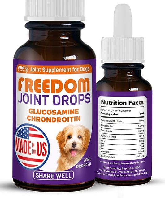 Freedom Joint Drops for Dogs with Hyaluronic Acid, MSM, Glucosamine, & Chondroitin, All Natural Liquid Joint Supplement for Dogs for Pain Relief, Mobility and Hip Support, 30 ml Dropper