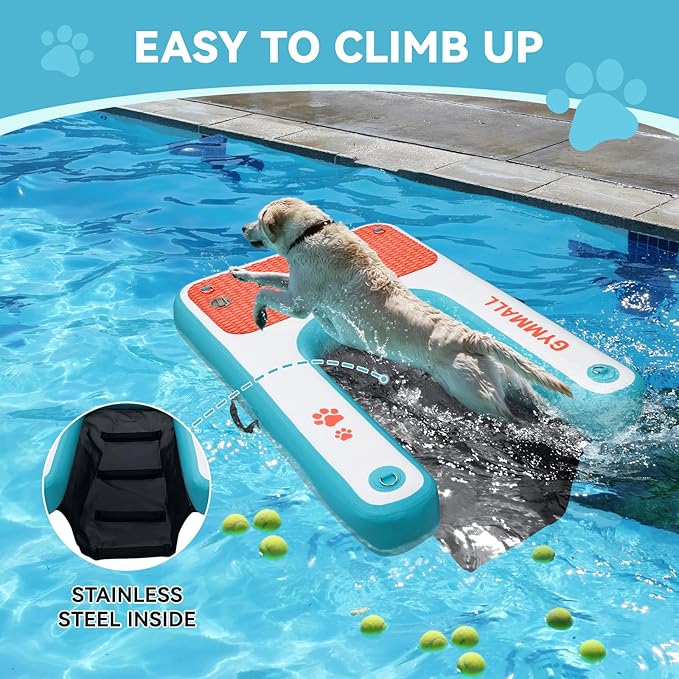 Inflatable Dog Water Ramp Pet Dock Platform Blue, Pet Water Platform for Boat Pool Lake Sea, Non-Slip Safety Floating Dock for Dogs up to 200lbs, EVA Puppy Float Ramp Dog Water Ladder