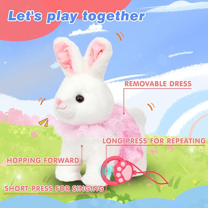 Hopearl Hopping Bunny Interactive Electronic Rabbit Toy Remote Control Leash Animated Pet Repeat What You Said Singing Gifts for Toddlers, White, 12''