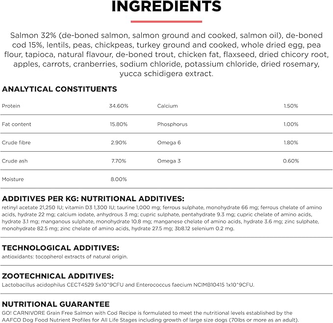 Go! Solutions Carnivore, Grain-Free, Protein Rich Dry Dog Food, Salmon and Cod Recipe, 3.5 lb Bag