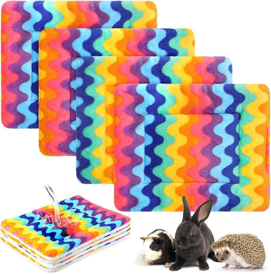 Haull 4 Pcs Waterproof Guinea Pig Bedding Winter Guinea Pig Bed Plush Cage Liners Soft Dog Cat Mat Reversible Winter Cozy Animal Pee Pad Hamster Bed Mat for Bunny (Rainbow,13 x 10 Inch)